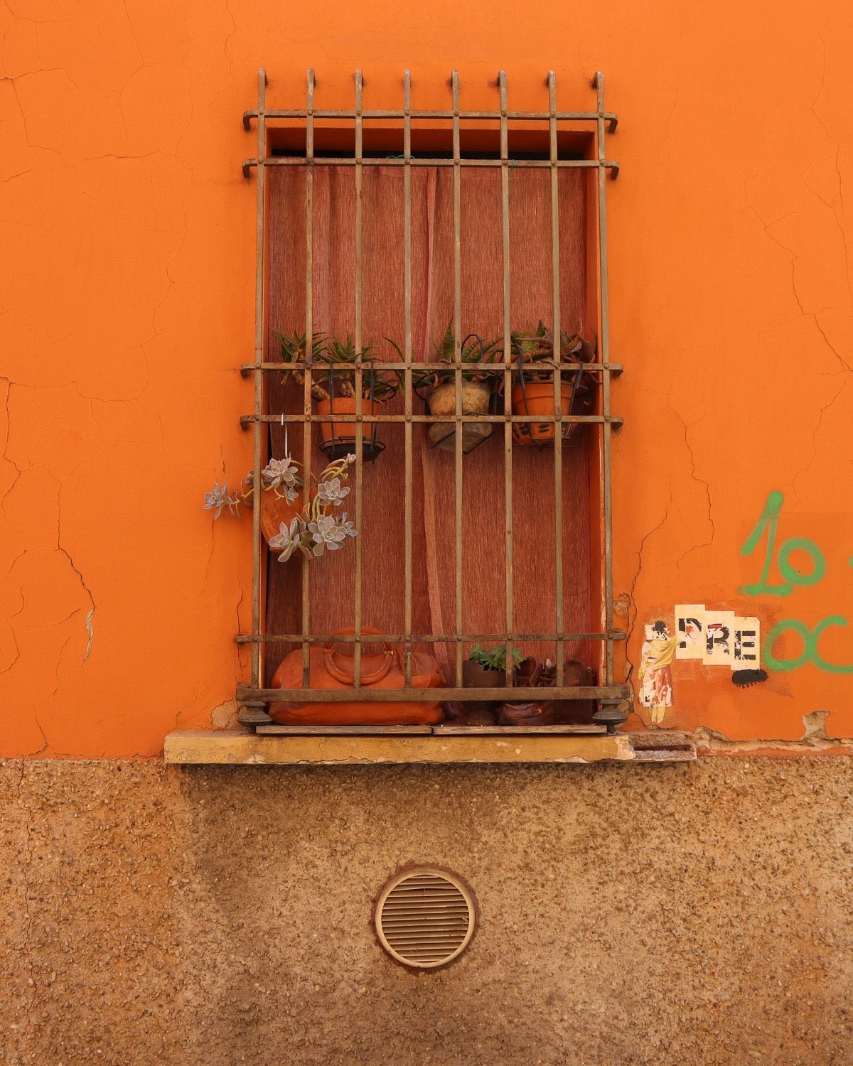 Barred window with potted plants on an orange building